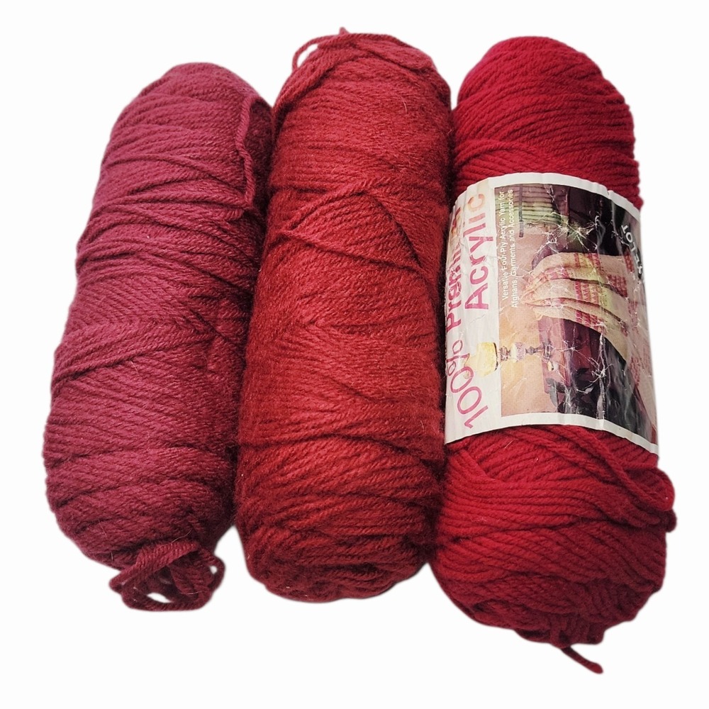 Burgundy Red Yarn Lot Acrylic Worsted Craft Crochet Knit 3 Skeins Mixed